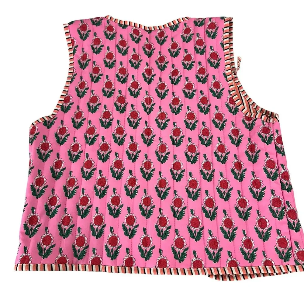 Womens Vest Size Medium Pink Floral Retro Quilt Look Unique Fun Flowers Casual - Picture 6 of 8